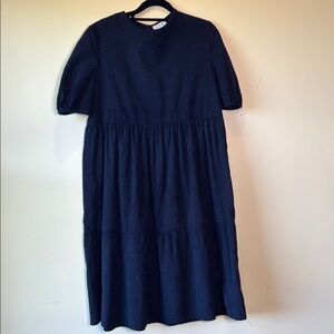 CASEY MARKS NWT Women's Micro Corduroy Dark Navy Blue Red Polka Dot Midi Dress M